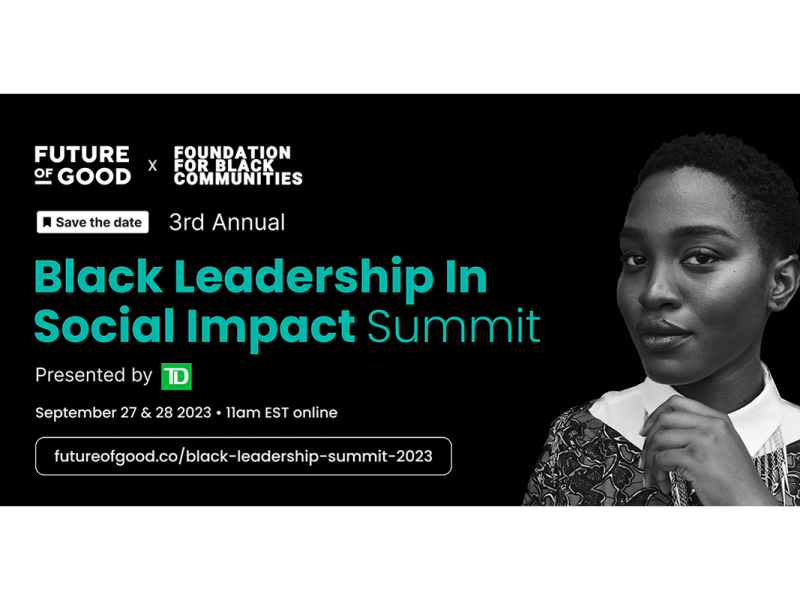 Black leadership in social impact banner with black woman image.