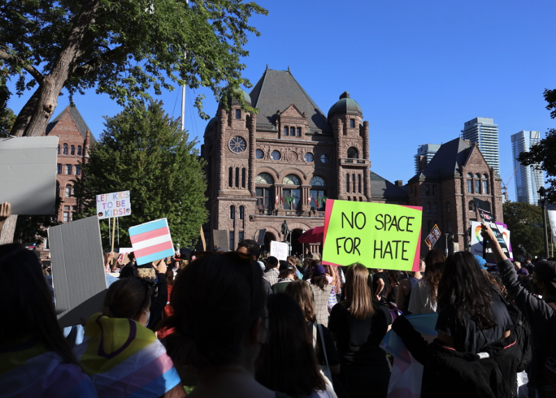 Pro-LGBTQ2S+ protestors demonstrated in front of Queens Park in Toronto, ON, on Sept. 20, countering a protest held by people seeking to roll back trans-inclusive policies organized as part of the “1 Million March 4 Children.”
