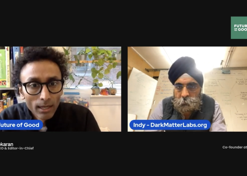 Screen grab of video interview showing two people and subtitles