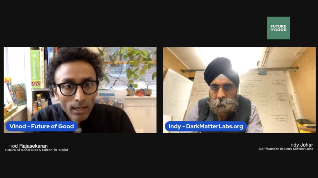 Screen grab of video interview showing two people and subtitles