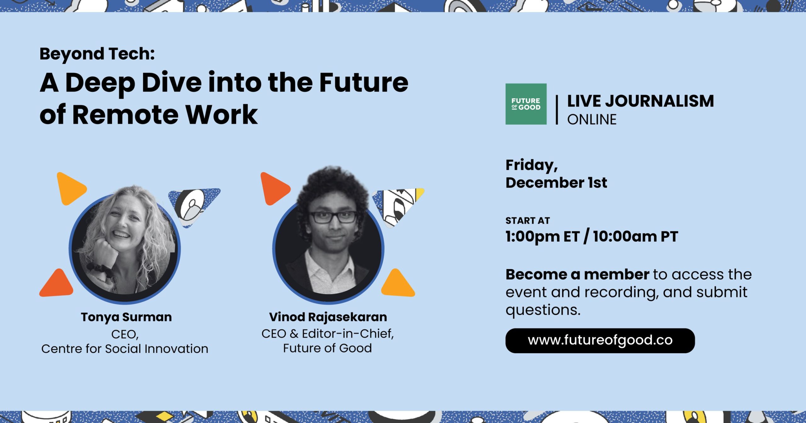 Poster for webinar showing headshots of Vinod and Tonya