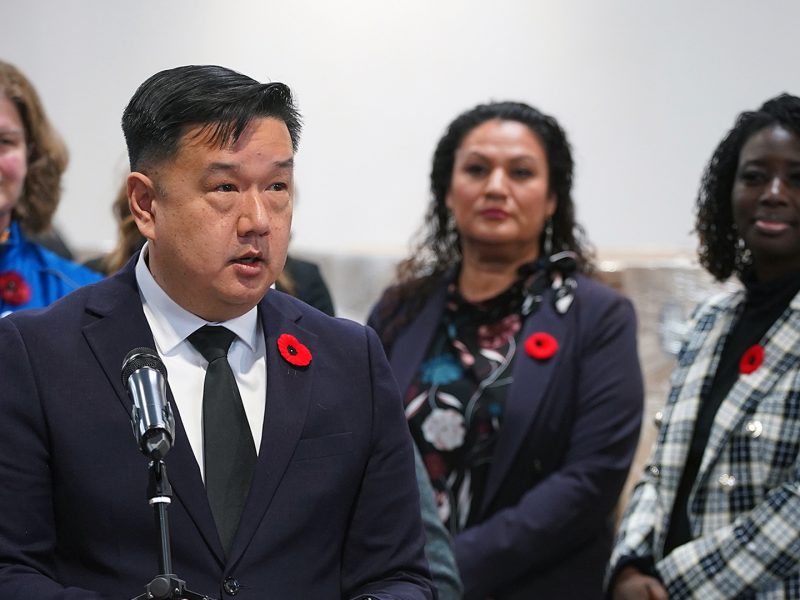 CanadaHelps President/CEO Duke Chang speaks to ‘wildfires’ in Canada’s non-profit sector at a press conference in Etobicoke.