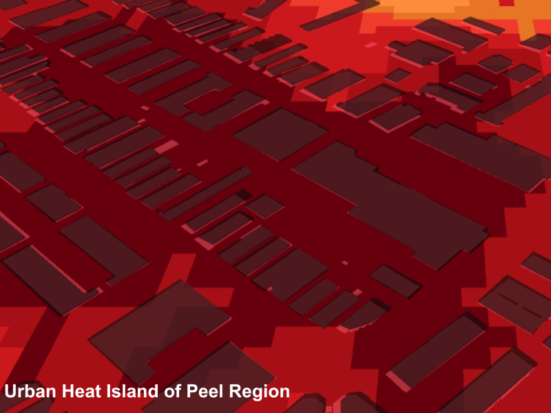 Evergreen’s AI for the Resilient City tool shows granular detail about a region or municipality's urban heat island effect. Using data from the Region of Peel, the tool can show the urban heating effects of different types of buildings.