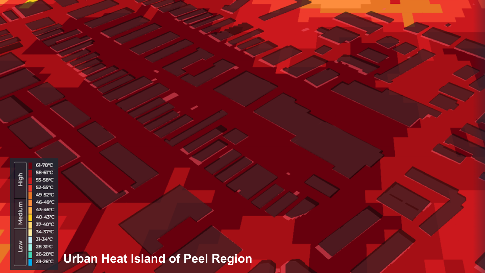 Evergreen’s AI for the Resilient City tool shows granular detail about a region or municipality's urban heat island effect. Using data from the Region of Peel, the tool can show the urban heating effects of different types of buildings.