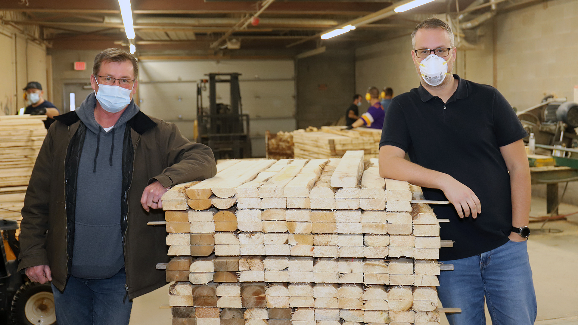 Norm Meron is the engineering services supervisor with Community Living Tillsonburg, and David Cunningham is the employment coordinator with Community Services Tillsonburg in the pallet shop.