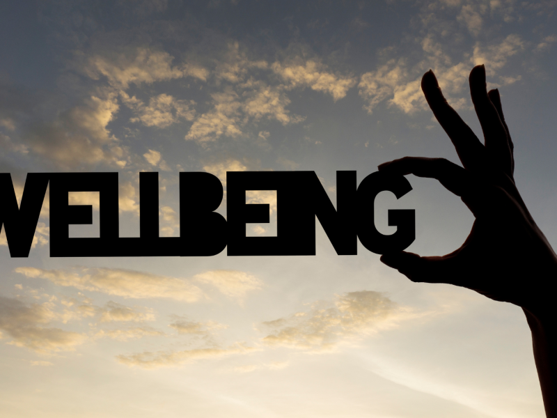 Hand holding wellbeing words