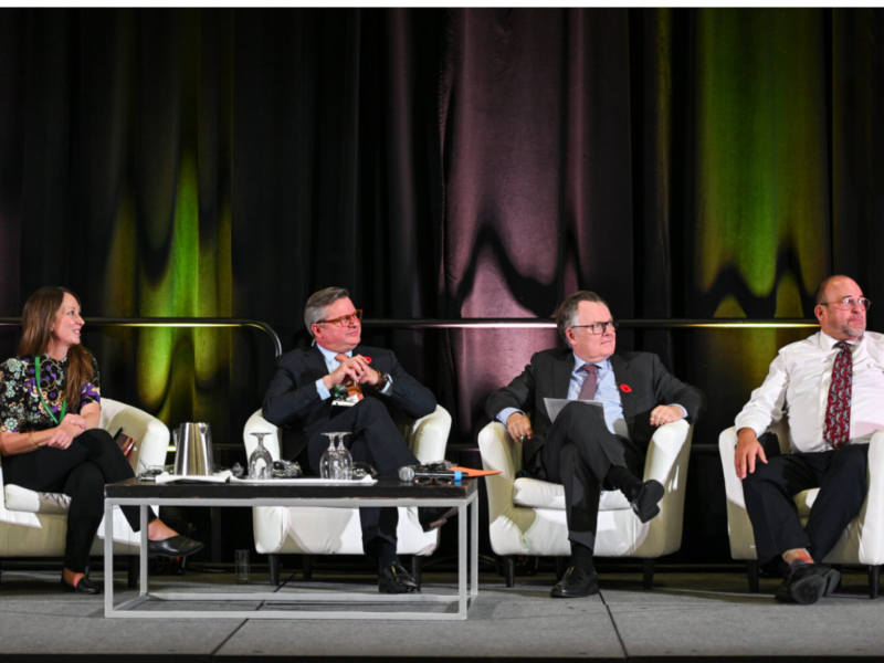 Andrea Dicks, President of Community Foundations of Canada (far left) and Jean-Marc Mangin, CEO of Philanthropic Foundations of Canada (far right), with two other sector professionals on a panel at the Sustainable Finance Forum in Ottawa in November 2023.