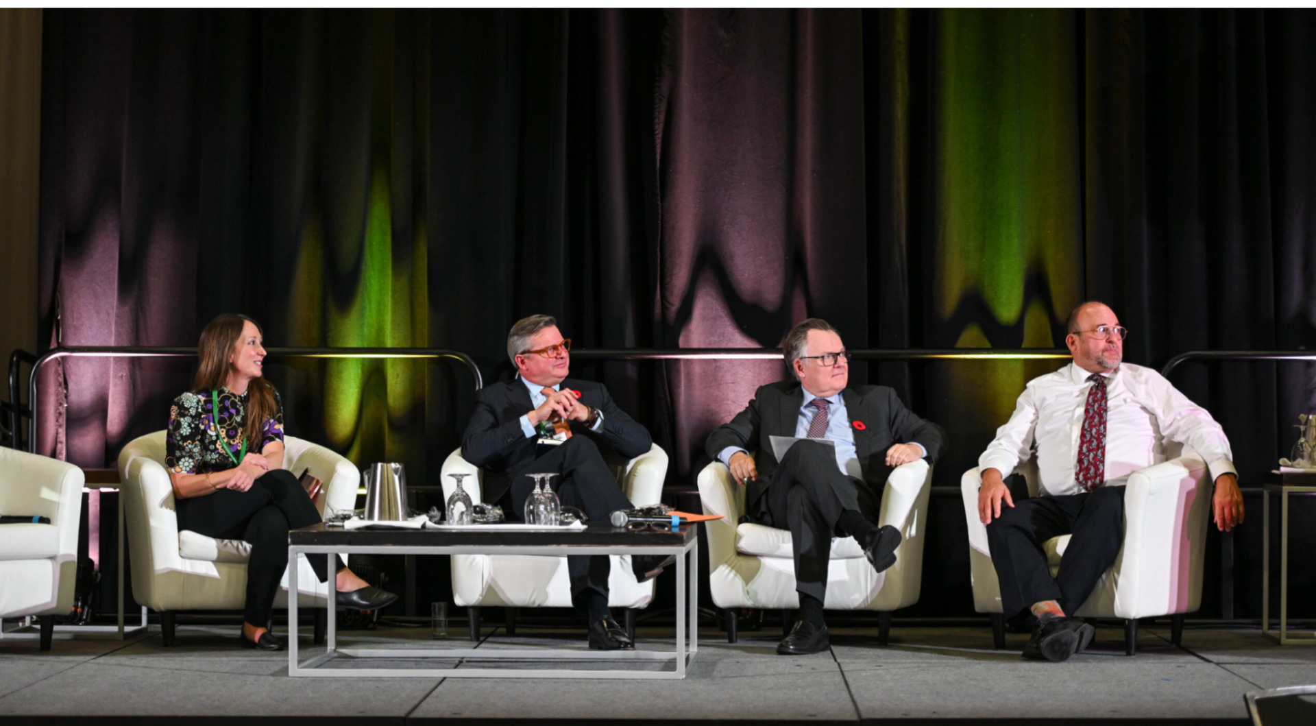 Andrea Dicks, President of Community Foundations of Canada (far left) and Jean-Marc Mangin, CEO of Philanthropic Foundations of Canada (far right), with two other sector professionals on a panel at the Sustainable Finance Forum in Ottawa in November 2023.