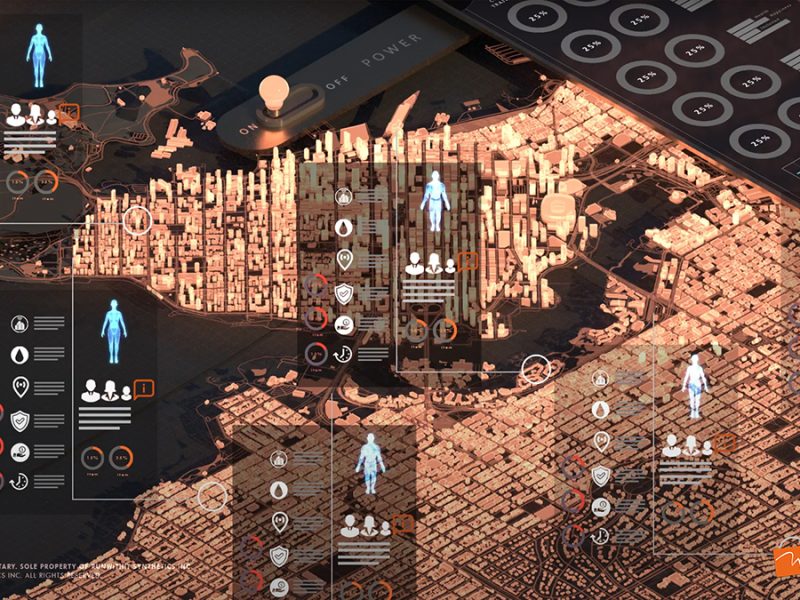 Digitized city map with humanoid figures superimposed on technology numbers.