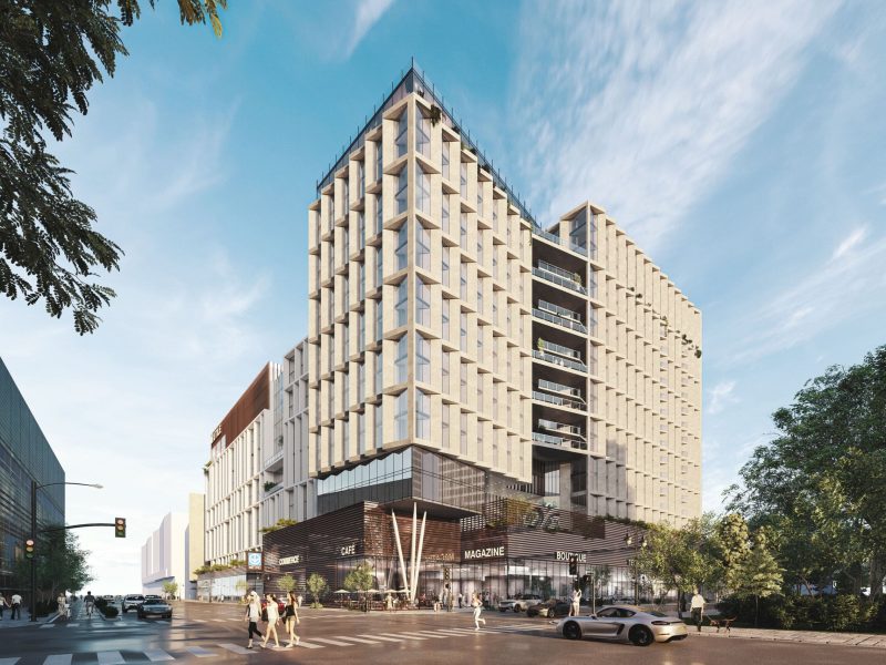 An artistic rendering of a multi-story, concrete, apartment block.