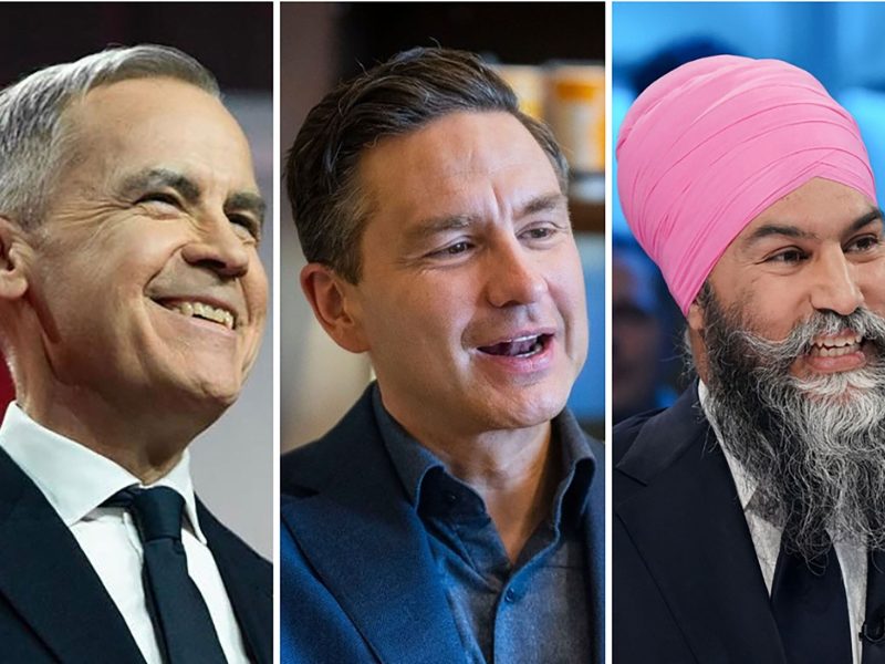 Liberal leader Mark Carney, Conservative Leader Pierre Poilievre, NDP leader Jagmeet Singh. (Illustration by Elisha Dacey/Facebook)